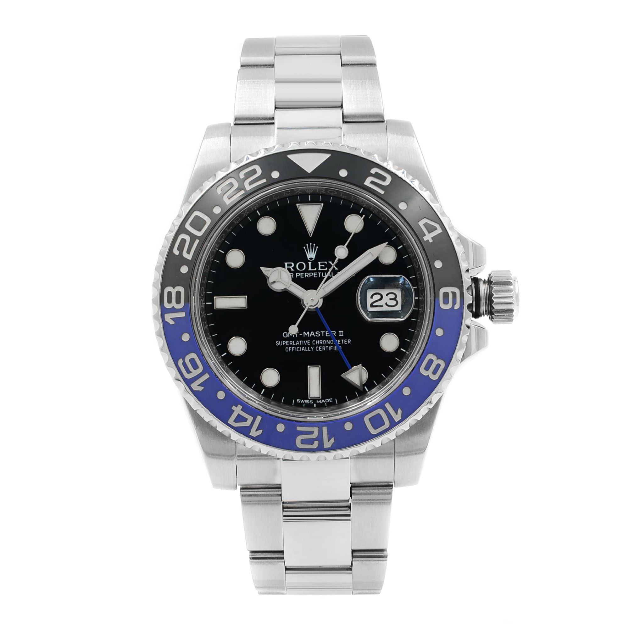Front Full View Of Rolex 116710BLNR Stainless Steel Watch , The bezel ceramic insert has a few micro marks.