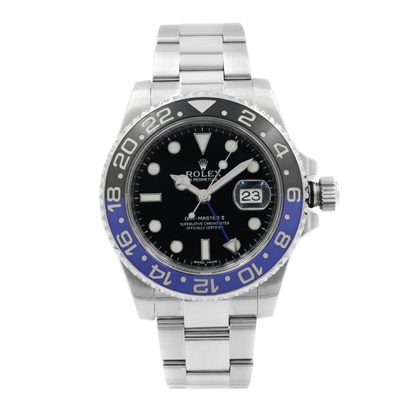 Front Full View Of Rolex 116710BLNR Stainless Steel Watch , The bezel ceramic insert has a few micro marks.